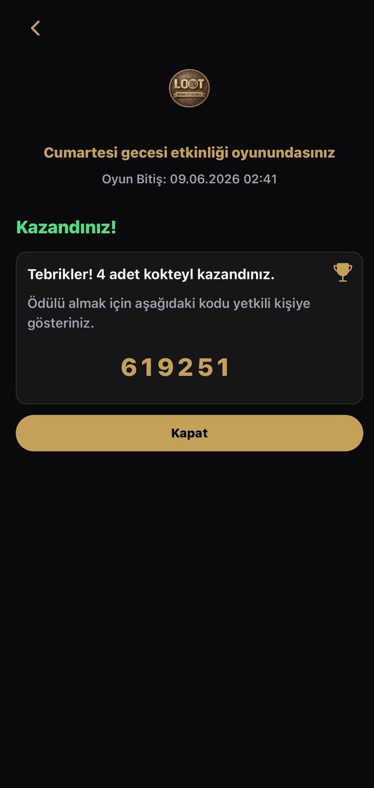 Kazandın ekranı